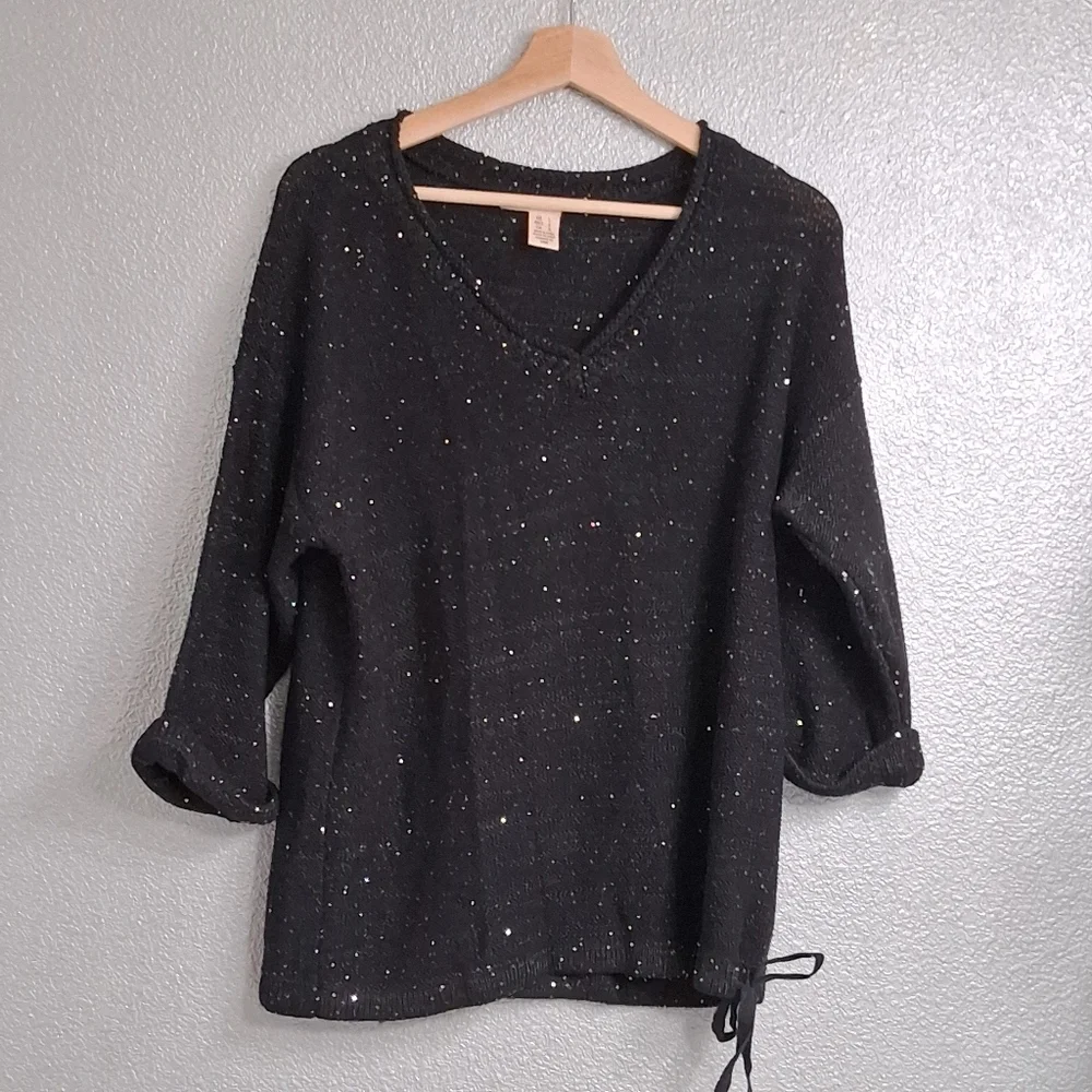 DKNY Jeans Black Sequin Sweater With Bottom Tie Size L